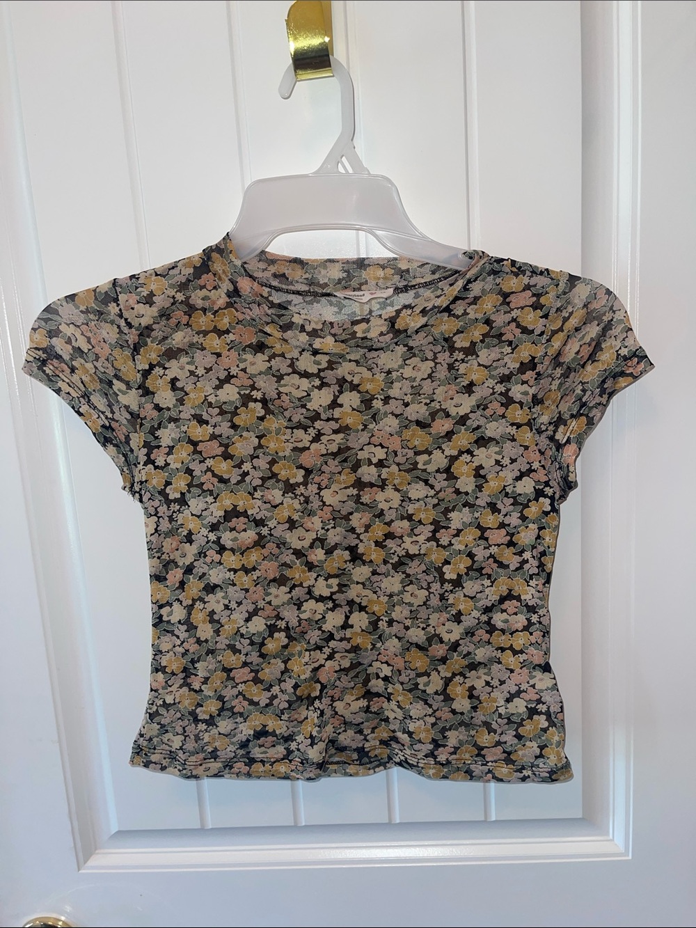 Beautees Black Floral Mesh Crop Top with Yellow & Pink Blooms